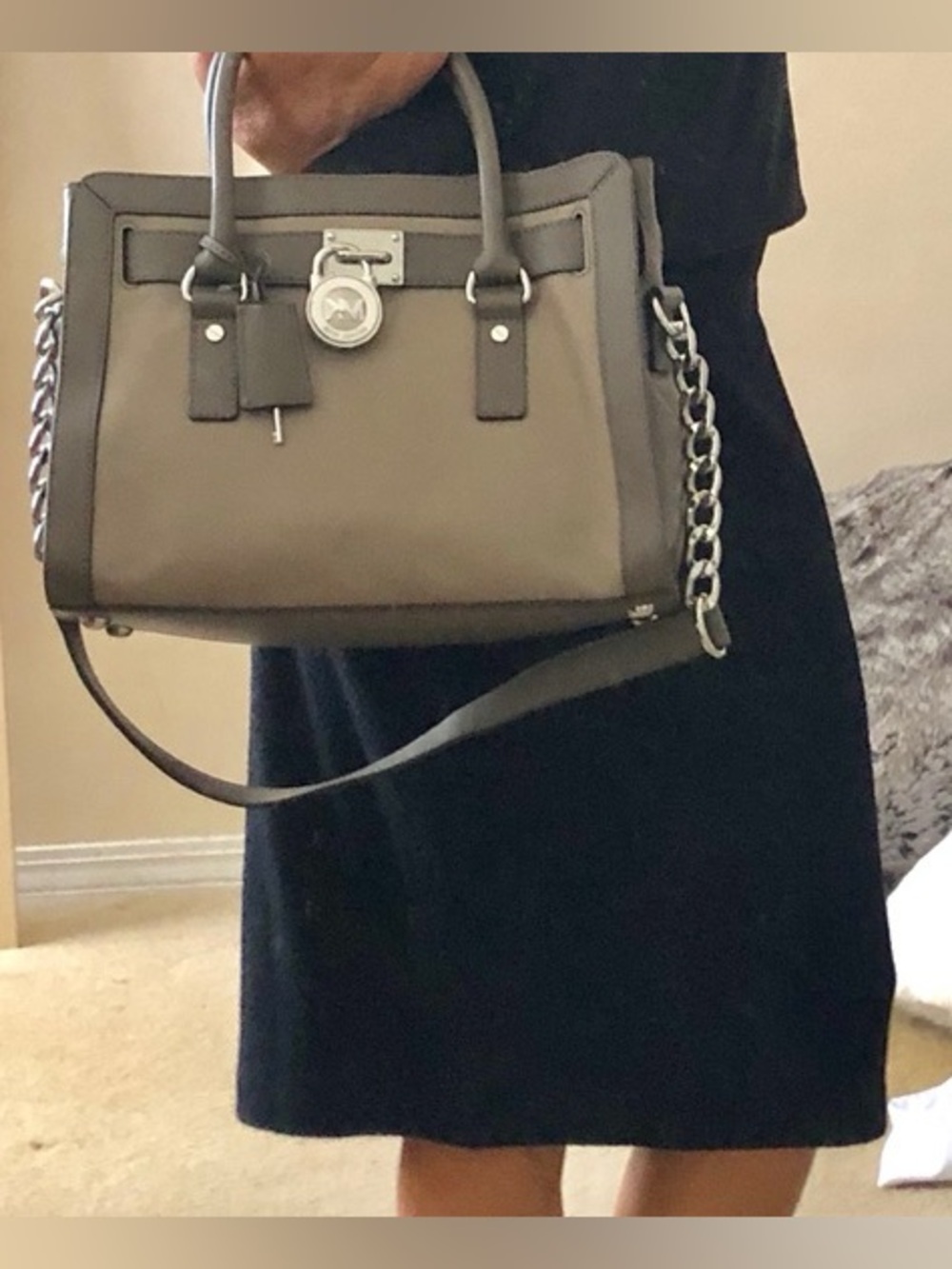 Michael Kors Two-Tone Taupe Satchel with Silver Hardware